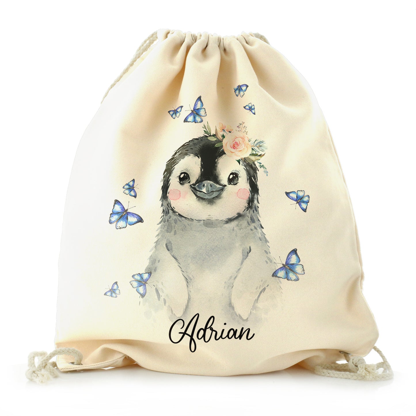 Personalised Canvas Drawstring Backpack with Grey Penguin Blue Butterflies and Cute Text