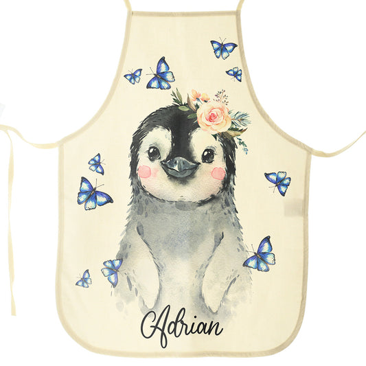 Personalisierte Canvas-Schürze mit Pinguin-Schmetterling und Namensdesign