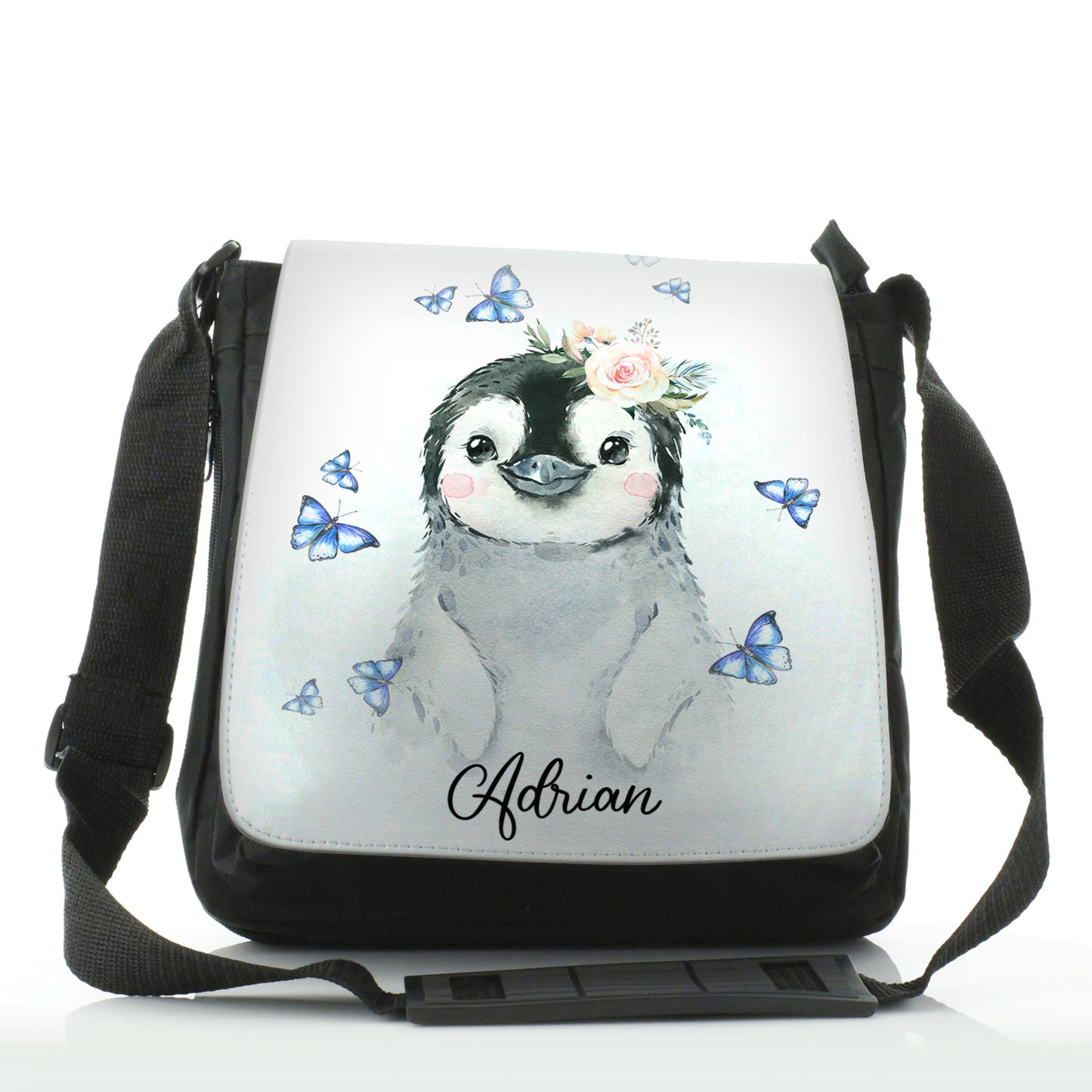 Personalised Shoulder Bag with Grey Penguin Blue Butterflies and Cute Text