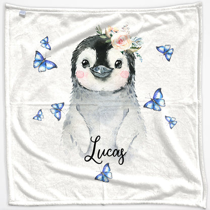 Personalised Penguin Butterfly and Name Baby Blanket