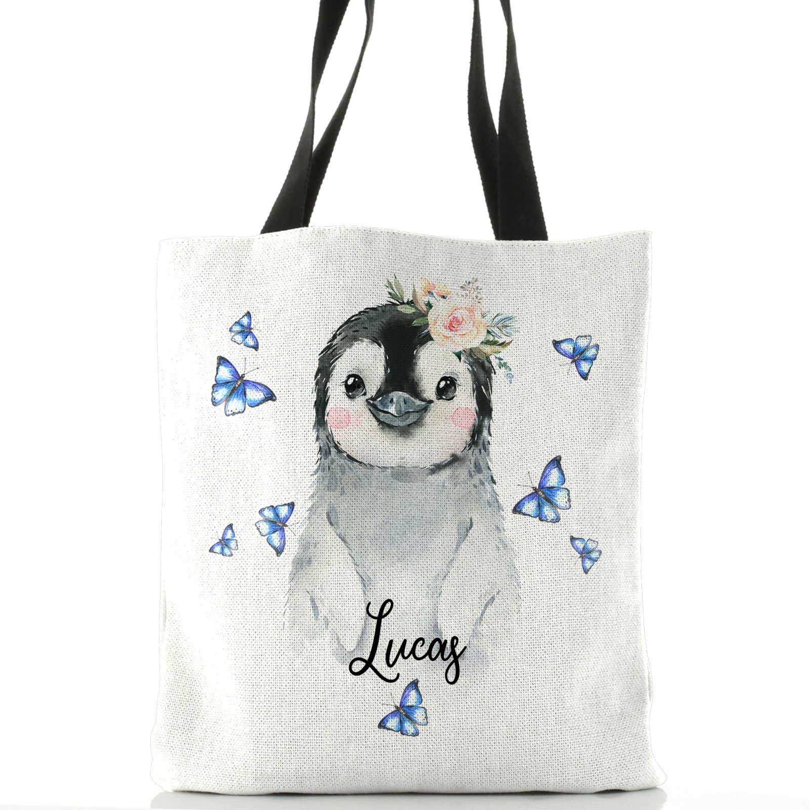 Personalised White Tote Bag with Grey Penguin Blue Butterflies and Cute Text