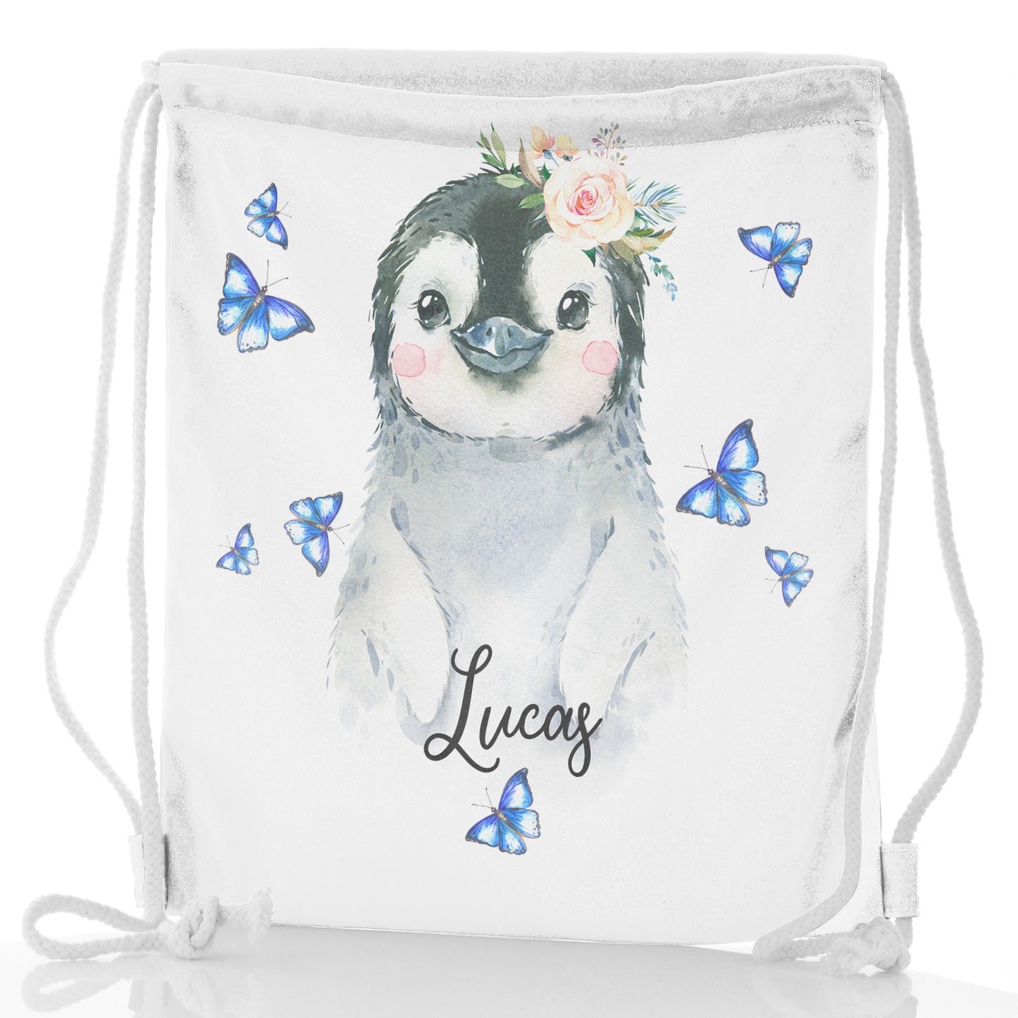 Personalised Glitter Drawstring Backpack with Grey Penguin Blue Butterflies and Cute Text