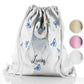 Personalised Glitter Drawstring Backpack with Grey Penguin Blue Butterflies and Cute Text