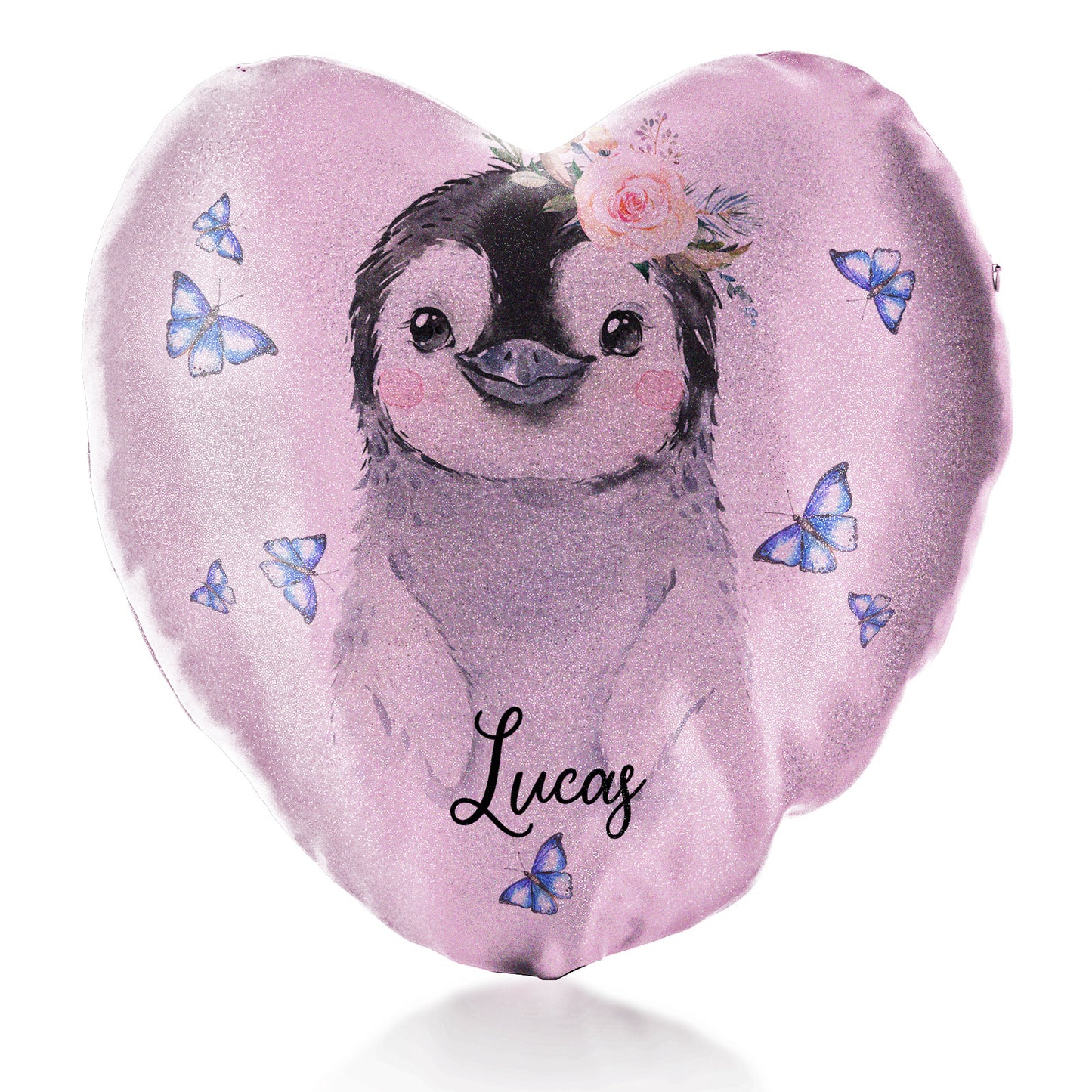 Personalised Glitter Heart Cushion with Grey Penguin Blue Butterflies and Cute Text