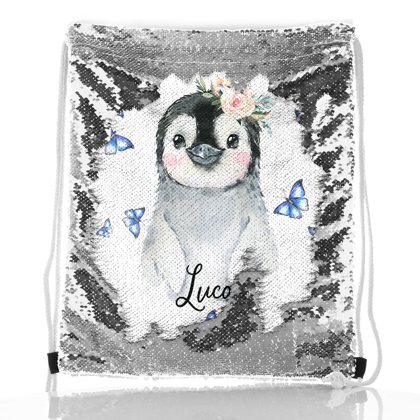 Personalised Sequin Drawstring Backpack with Grey Penguin Blue Butterflies and Cute Text
