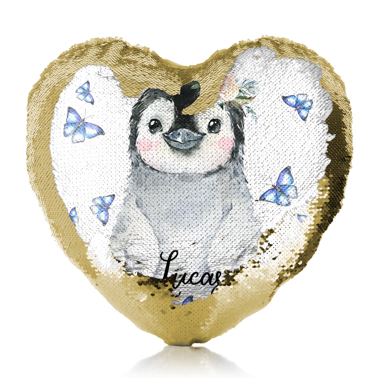 Personalisiertes Pailletten-Herzkissen mit grauen Pinguin-blauen Schmetterlingen und niedlichem Text