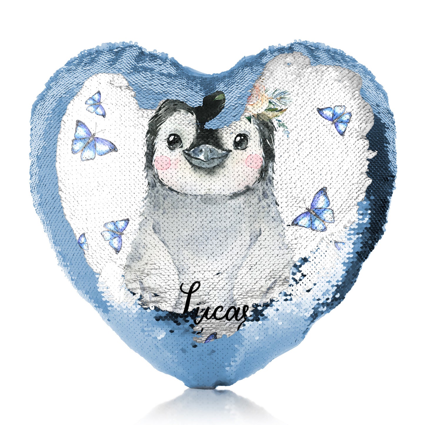 Personalisiertes Pailletten-Herzkissen mit grauen Pinguin-blauen Schmetterlingen und niedlichem Text