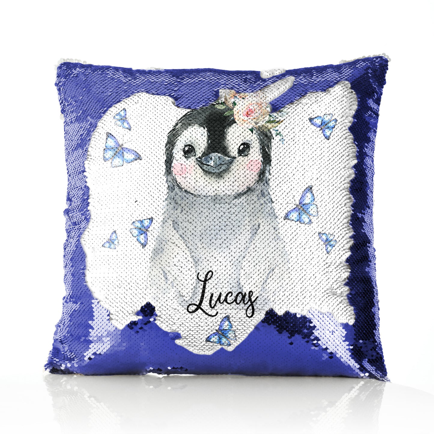 Personalised Sequin Cushion with Grey Penguin Blue Butterflies and Cute Text