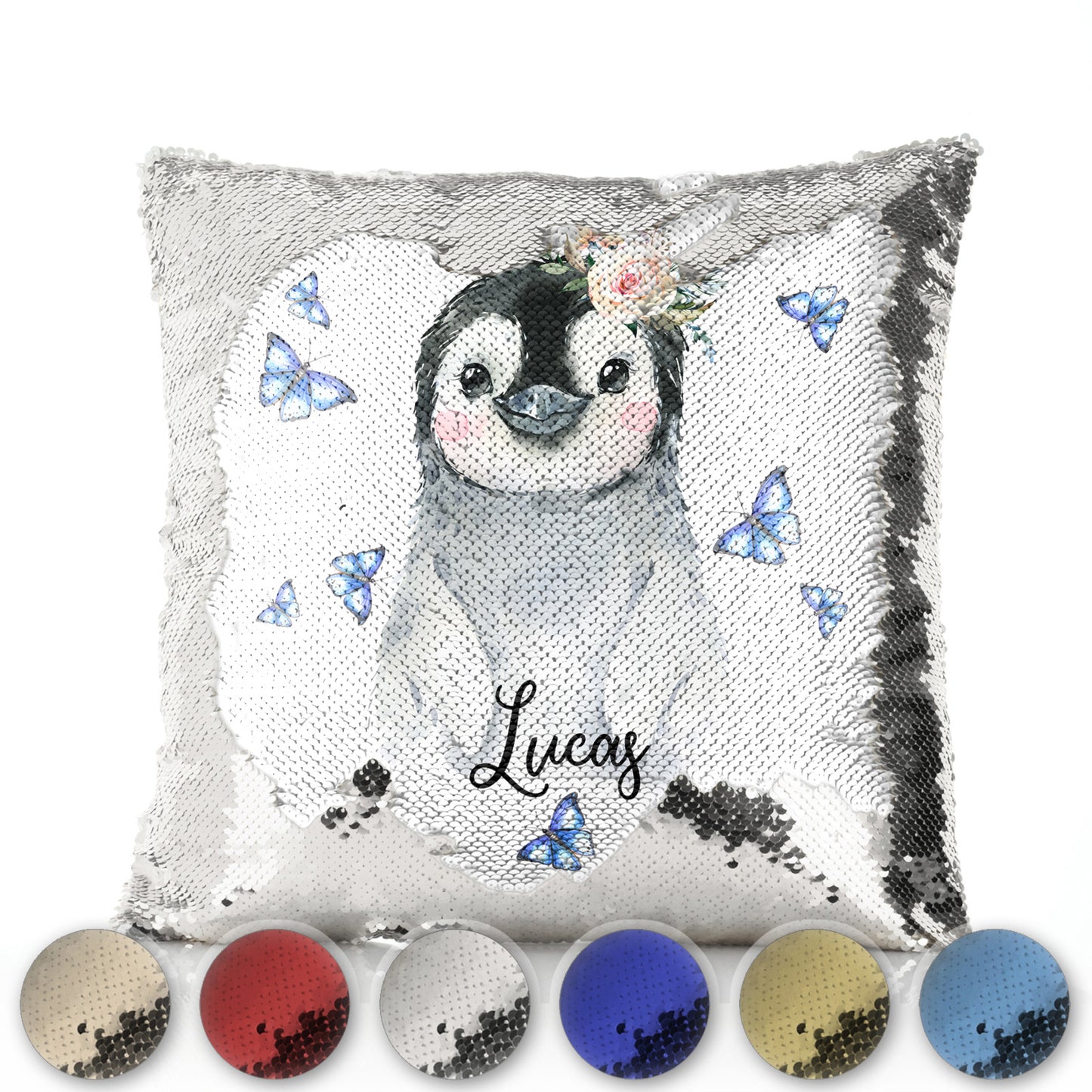 Personalised Sequin Cushion with Grey Penguin Blue Butterflies and Cute Text