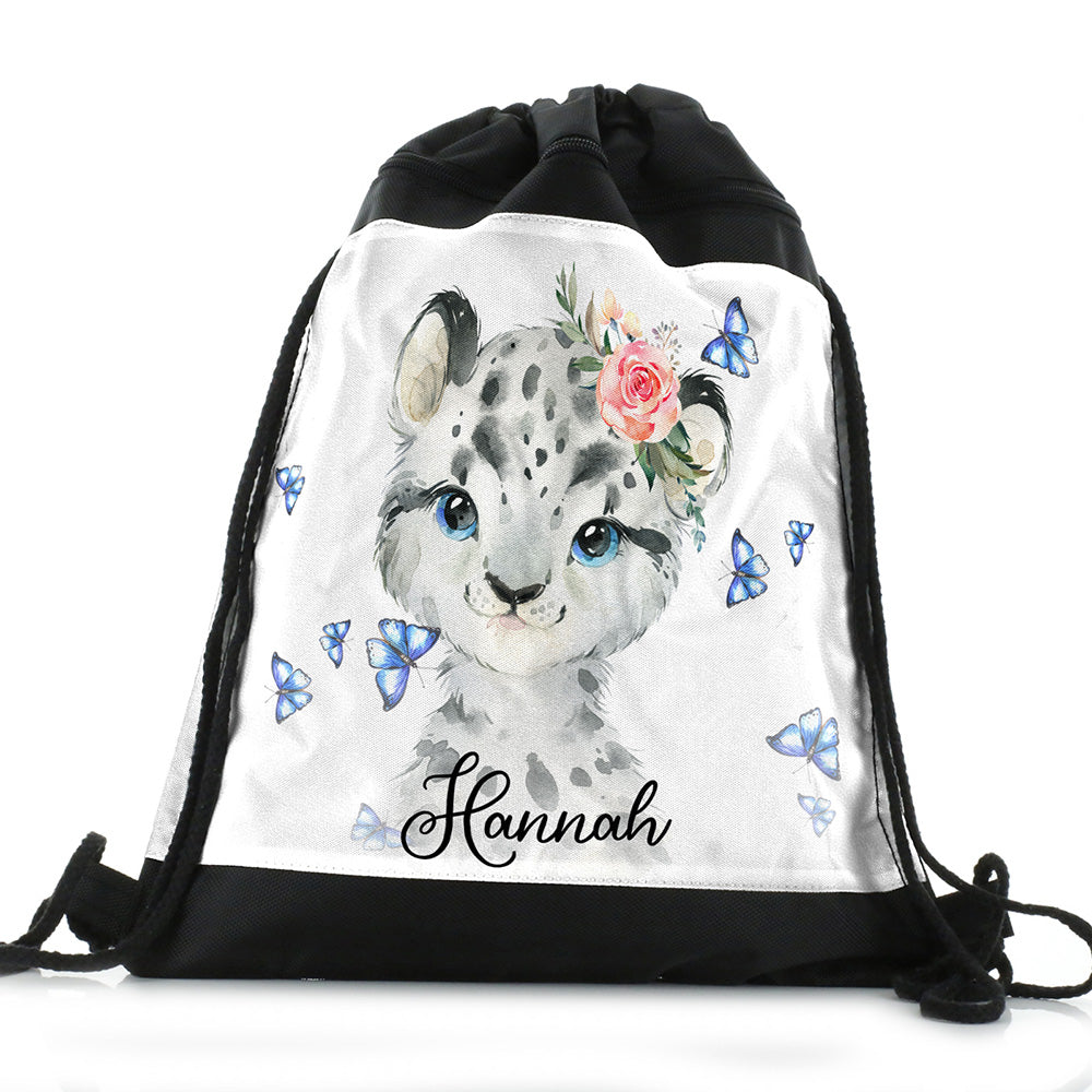 Personalised Leopard Butterflies and Name Black Drawstring Backpack