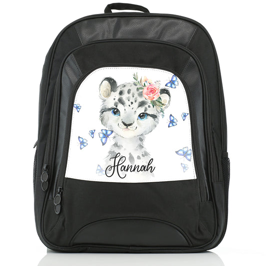 Personalised Large Multifunction Backpack with Snow Leopard Blue Butterflies and Cute Text