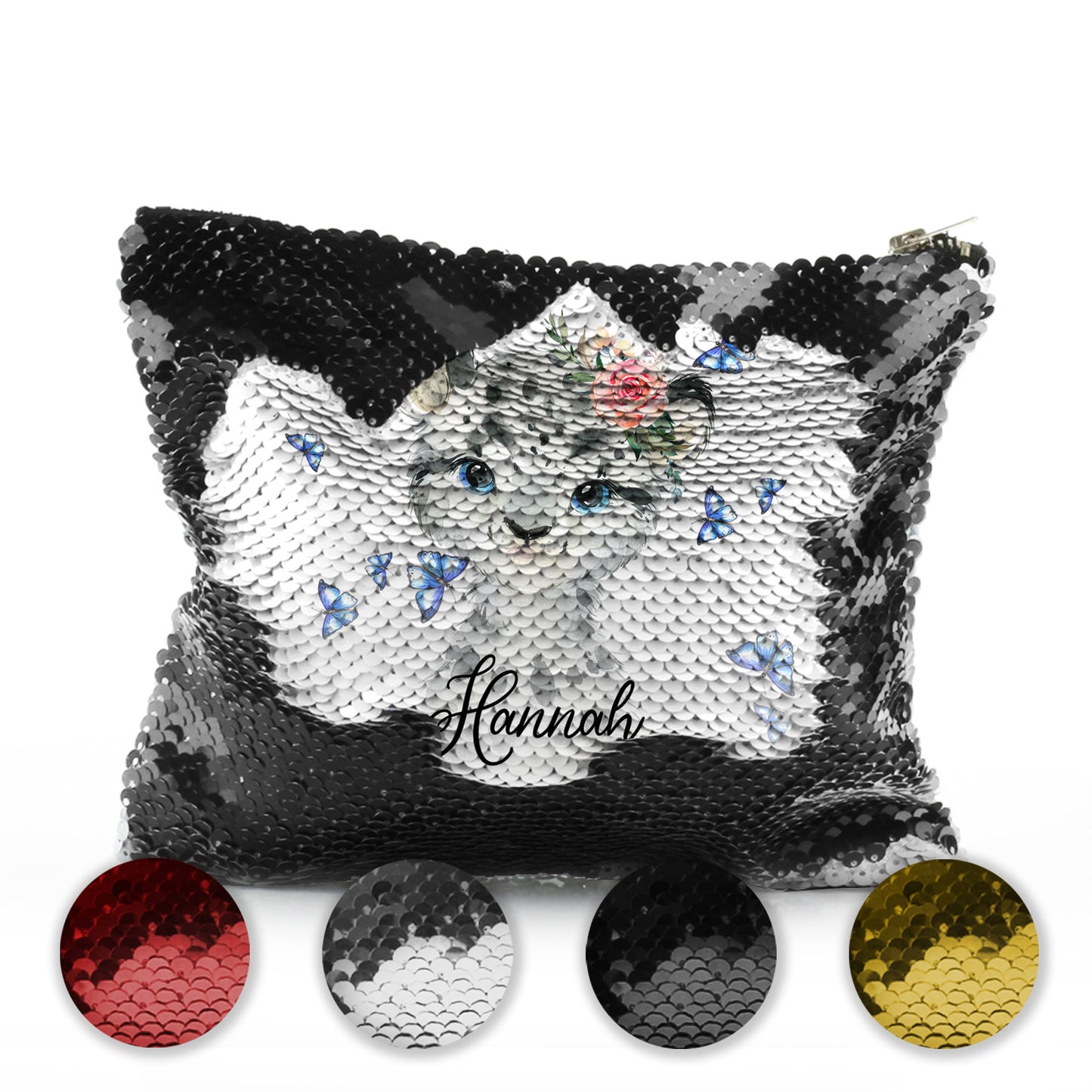 Personalised Sequin Zip Bag with Snow Leopard Blue Butterflies and Cute Text