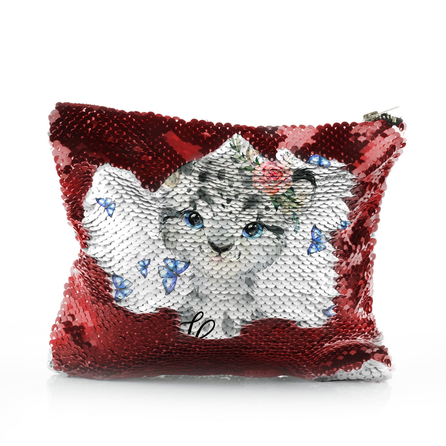 Personalisierte Pailletten-Reißverschlusstasche mit schneeleopardenblauen Schmetterlingen und süßem Text