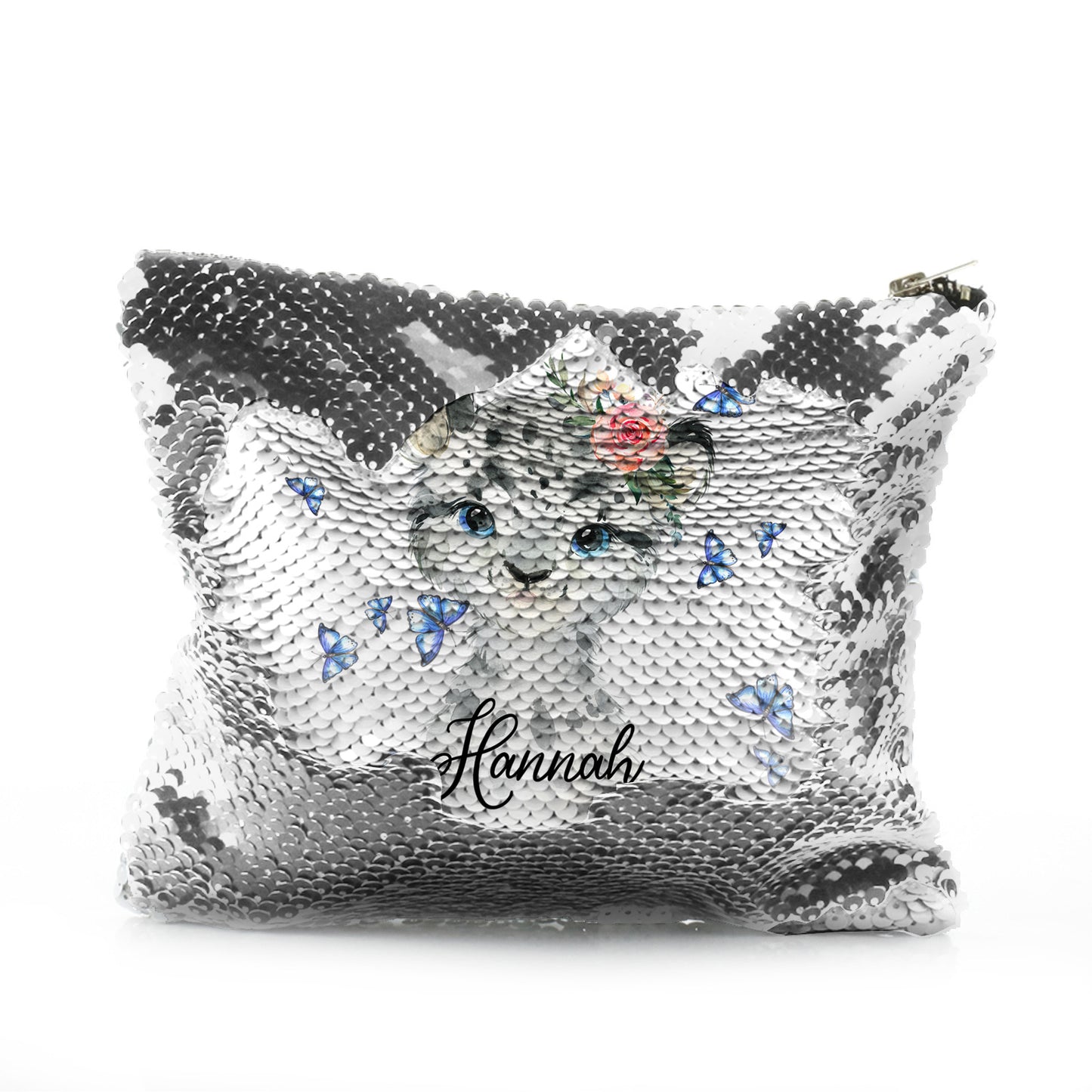 Personalised Sequin Zip Bag with Snow Leopard Blue Butterflies and Cute Text