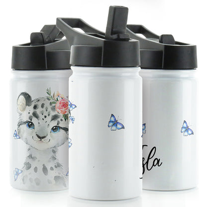 Personalised Leopard Butterfly and Name White Sports Flask