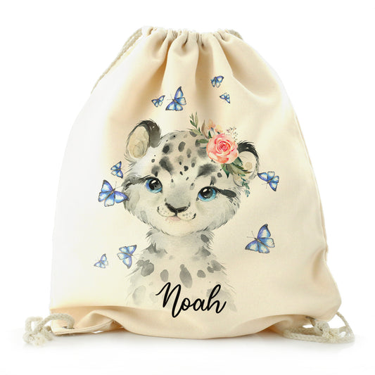 Personalised Canvas Drawstring Backpack with Snow Leopard Blue Butterflies and Cute Text