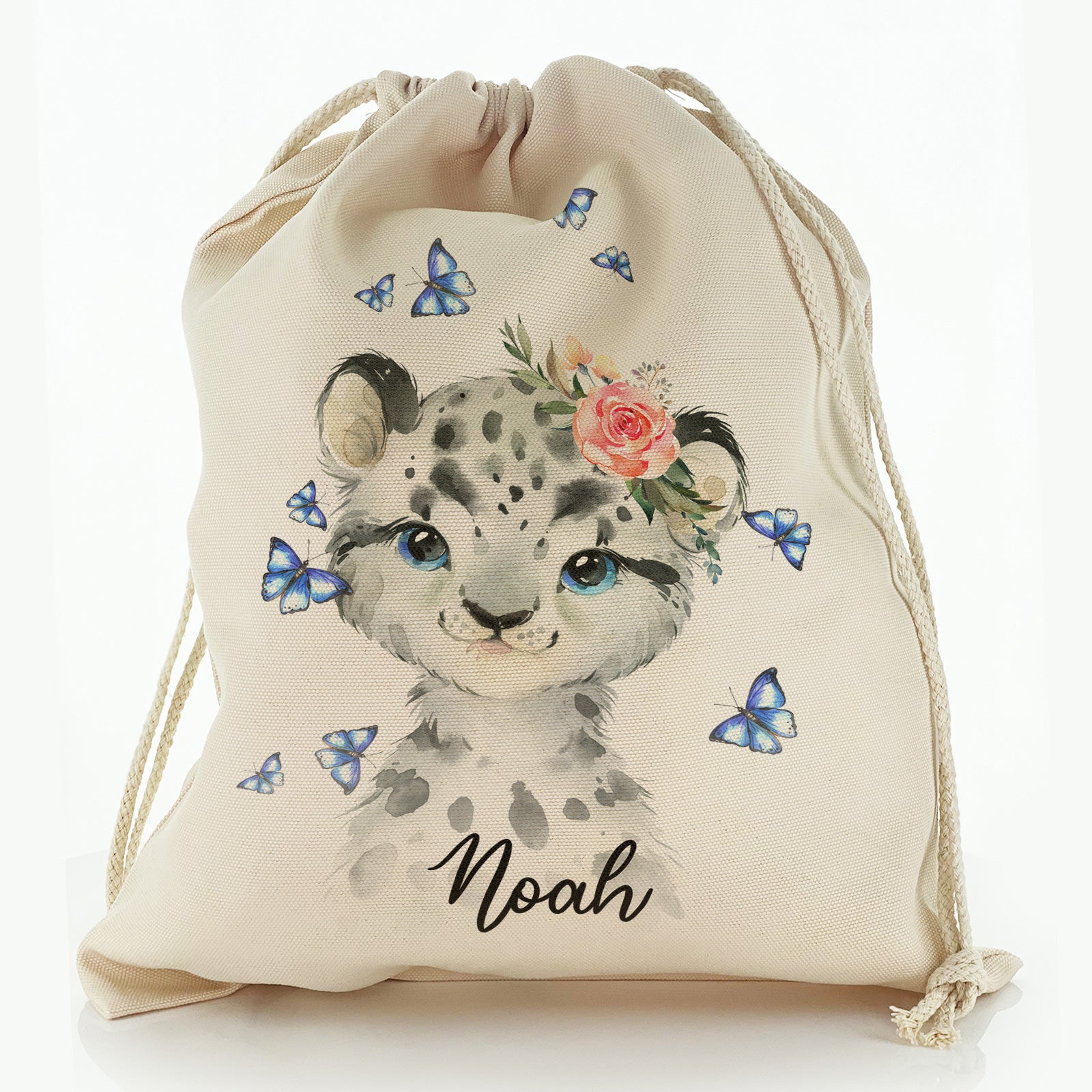 Personalised Canvas Sack with Snow Leopard Blue Butterflies and Cute Text