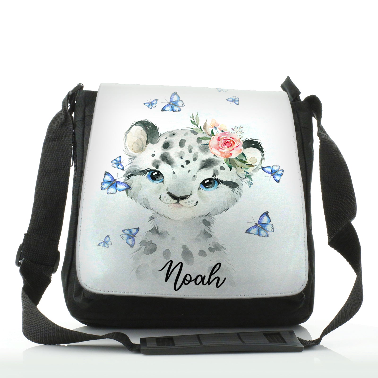 Personalised Shoulder Bag with Snow Leopard Blue Butterflies and Cute Text