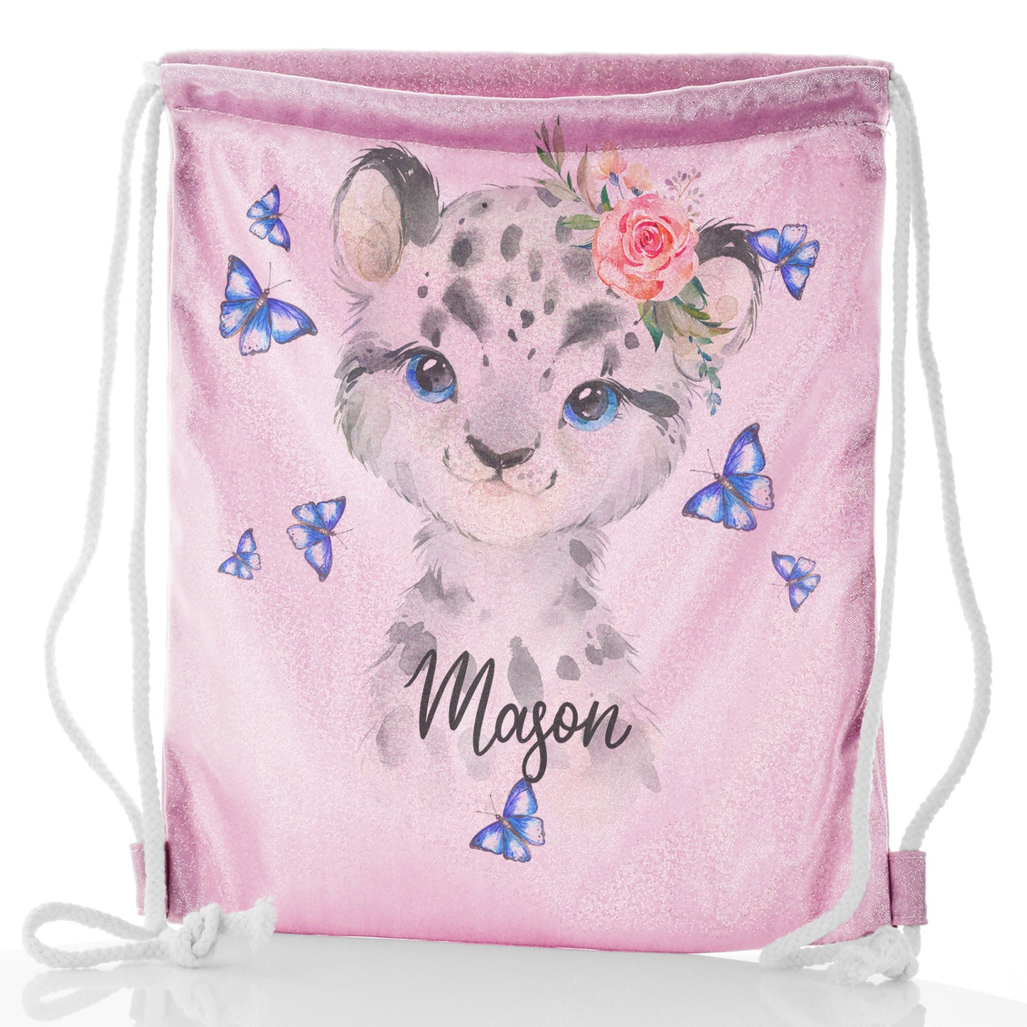 Personalised Glitter Drawstring Backpack with Snow Leopard Blue Butterflies and Cute Text