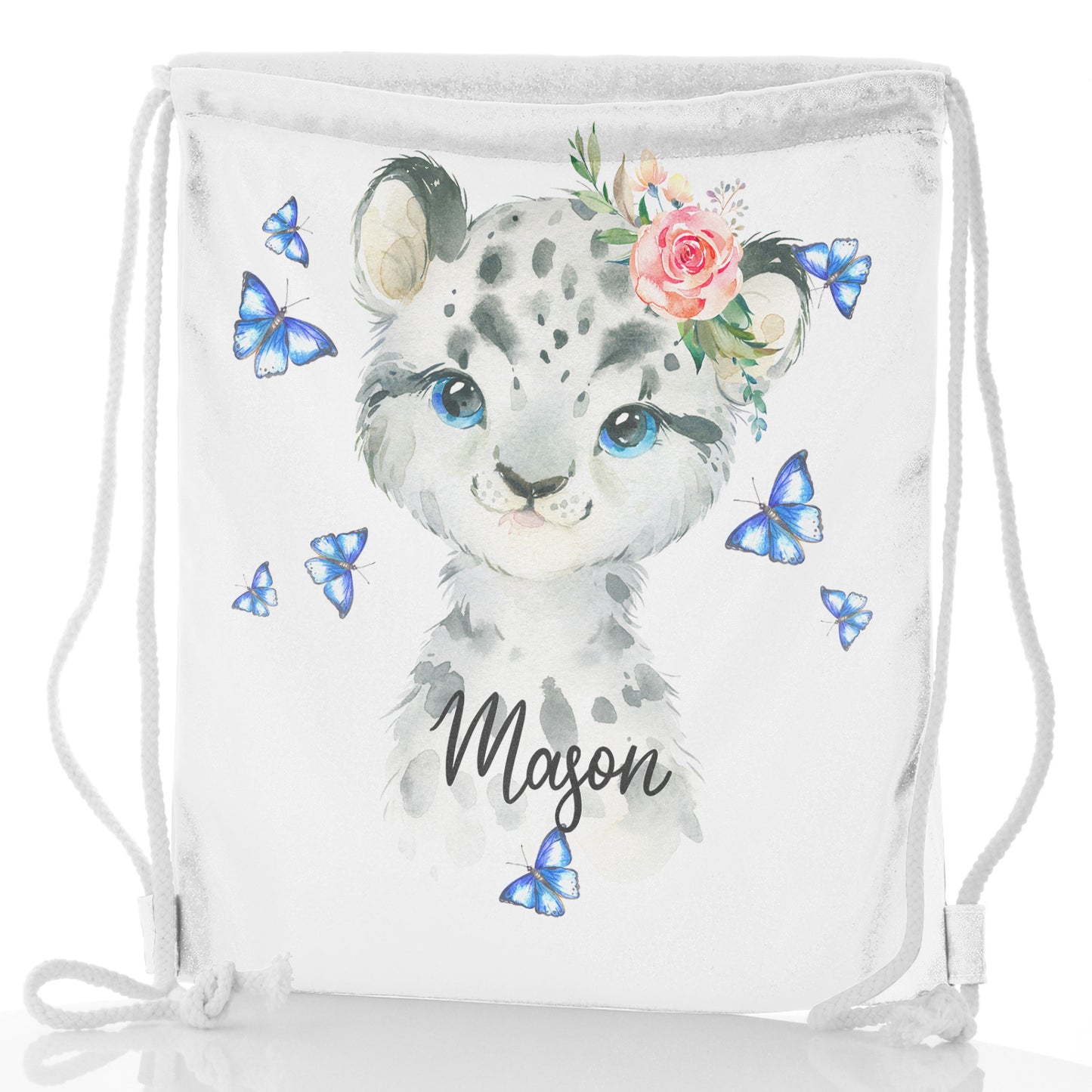 Personalised Glitter Drawstring Backpack with Snow Leopard Blue Butterflies and Cute Text