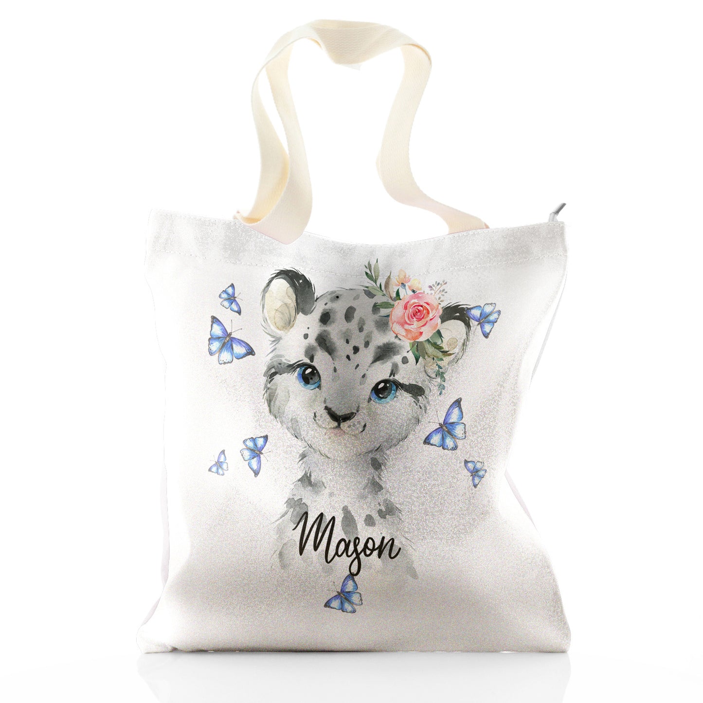 Personalisierte Glitzer-Einkaufstasche mit schneeleopardenblauen Schmetterlingen und niedlichem Text