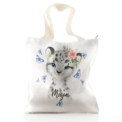 Personalised Glitter Tote Bag with Snow Leopard Blue Butterflies and Cute Text