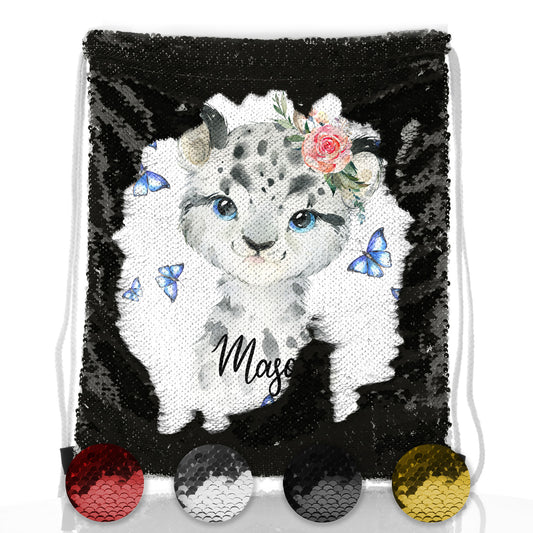 Personalised Sequin Drawstring Backpack with Snow Leopard Blue Butterflies and Cute Text