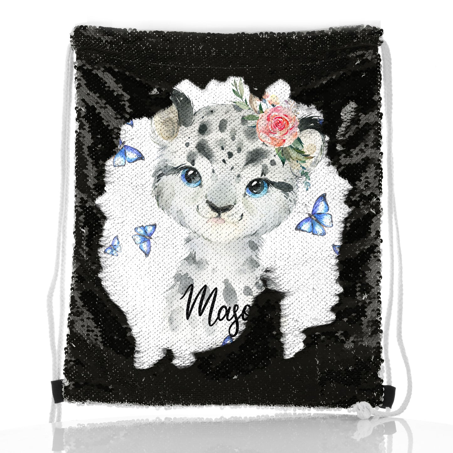 Personalised Sequin Drawstring Backpack with Snow Leopard Blue Butterflies and Cute Text
