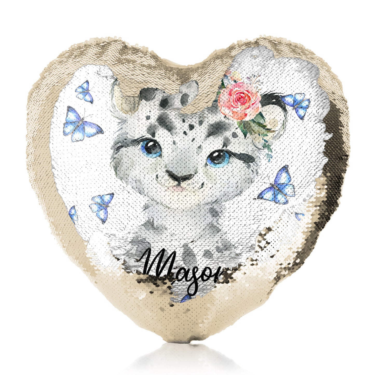 Personalised Sequin Heart Cushion with Snow Leopard Blue Butterflies and Cute Text