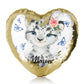 Personalisiertes Pailletten-Herzkissen mit schneeleopardenblauen Schmetterlingen und niedlichem Text