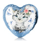 Personalised Sequin Heart Cushion with Snow Leopard Blue Butterflies and Cute Text