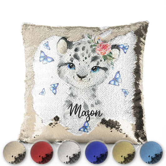 Personalised Sequin Cushion with Snow Leopard Blue Butterflies and Cute Text