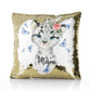 Personalisiertes Paillettenkissen mit schneeleopardenblauen Schmetterlingen und süßem Text