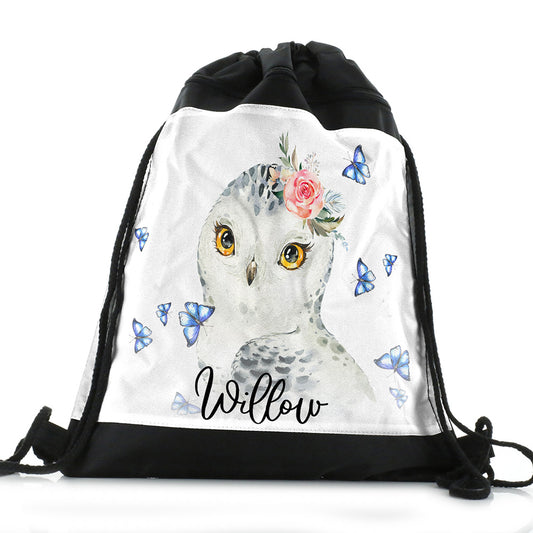 Personalised Owl Blue Butterfly and Name Black Drawstring Backpack