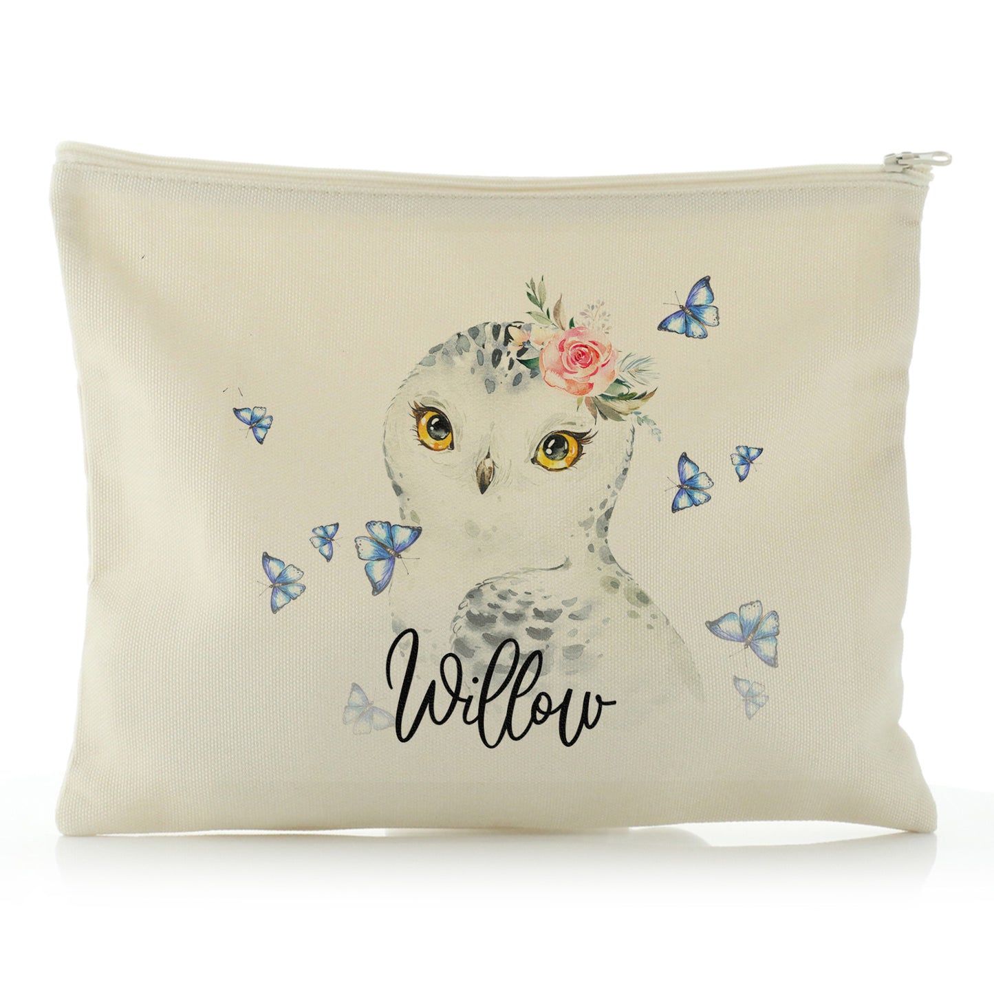Personalised Canvas Zip Bag with Snow Owl Blue Butterfly and Cute Text