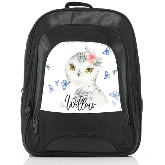 Personalised Large Multifunction Backpack with Snow Owl Blue Butterfly and Cute Text