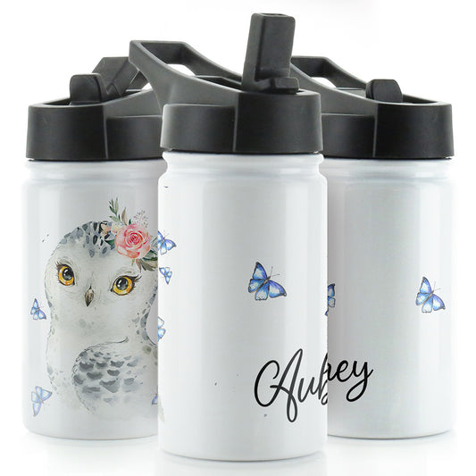 Personalisierter Schnee-Eulen-Schmetterling und Name, weiße Sportflasche