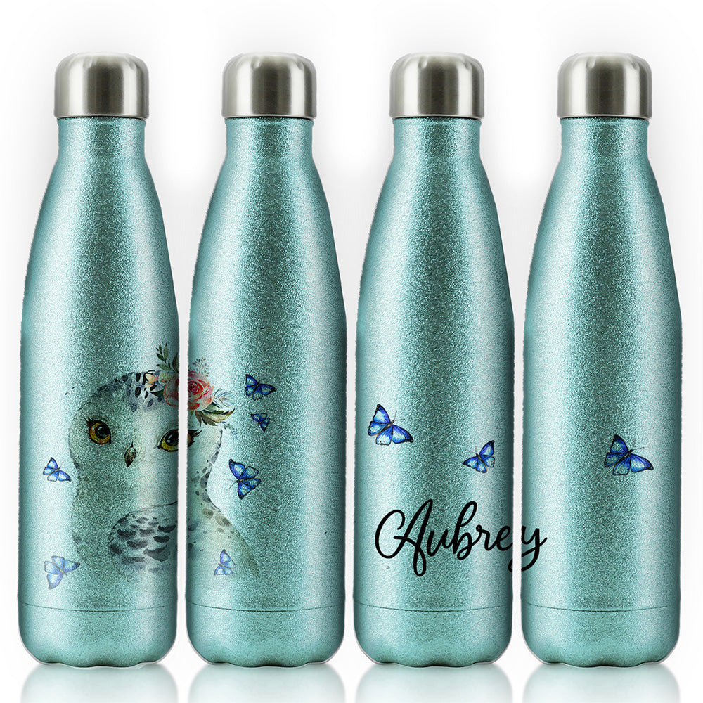 Personalisierte Cola-Flasche mit Eule, blauem Schmetterling und Namen