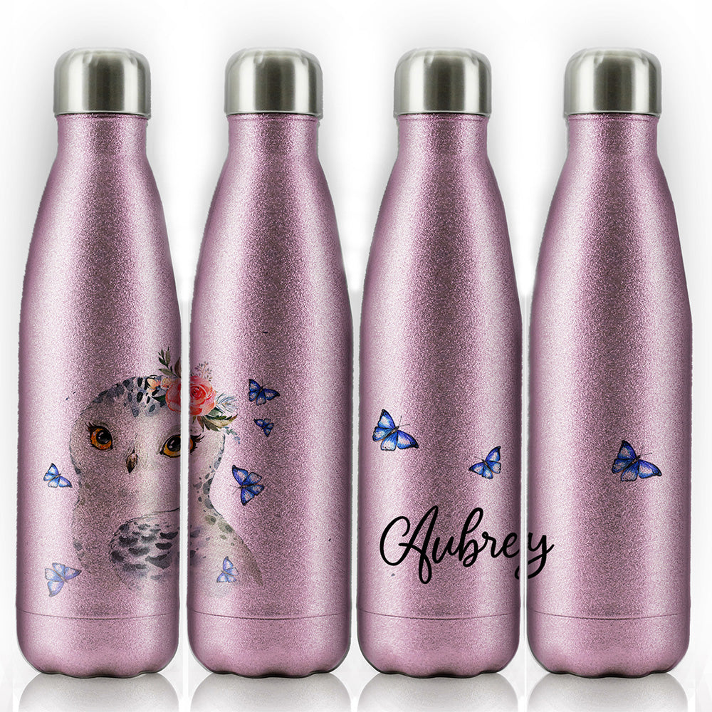 Personalised Owl Blue Butterfly and Name Cola Bottle