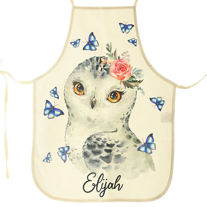 Personalised Canvas Apron with Owl Blue Butterfly and Name Design