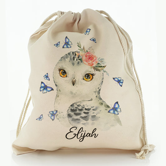 Personalised Canvas Sack with Snow Owl Blue Butterfly and Cute Text