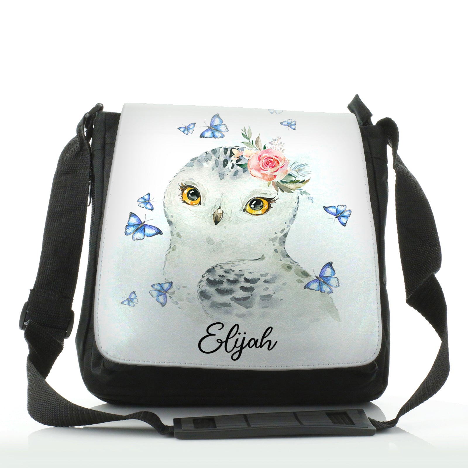 Personalised Shoulder Bag with Snow Owl Blue Butterfly and Cute Text