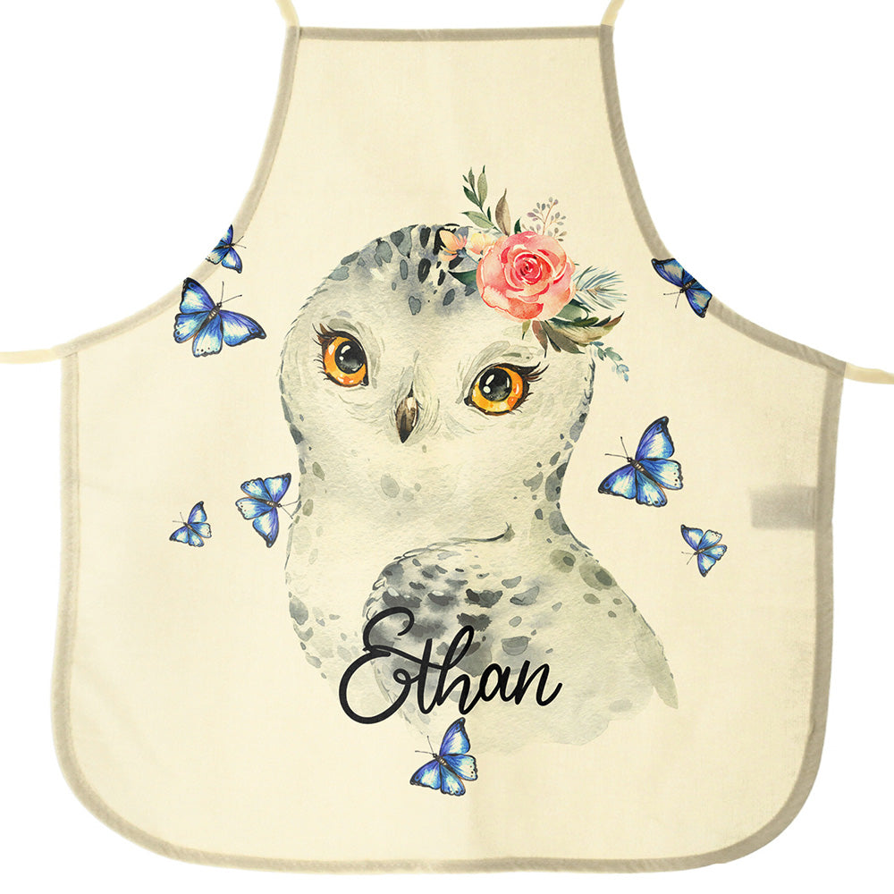 Personalised Canvas Apron with Owl Blue Butterfly and Name Design