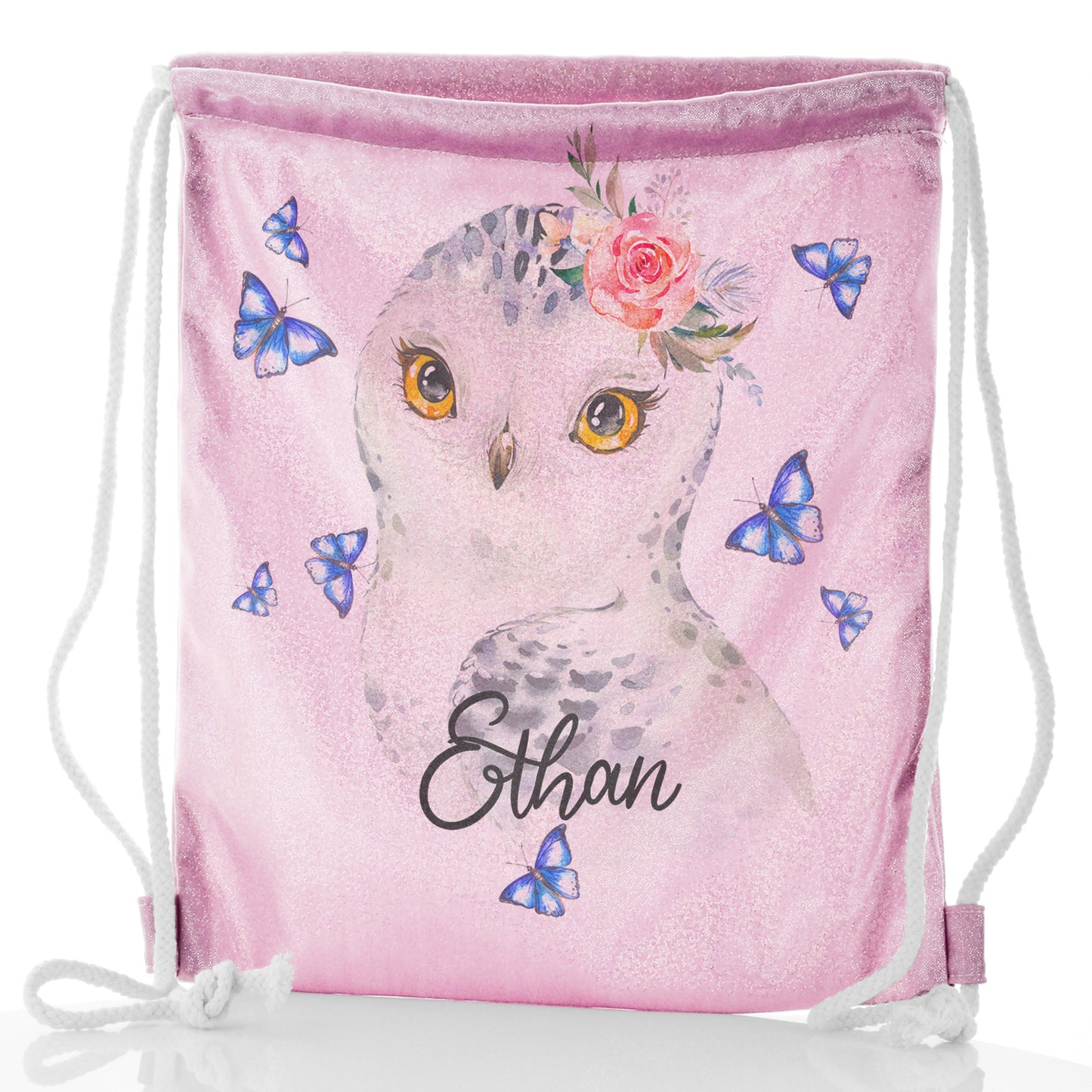 Personalised Glitter Drawstring Backpack with Snow Owl Blue Butterfly and Cute Text