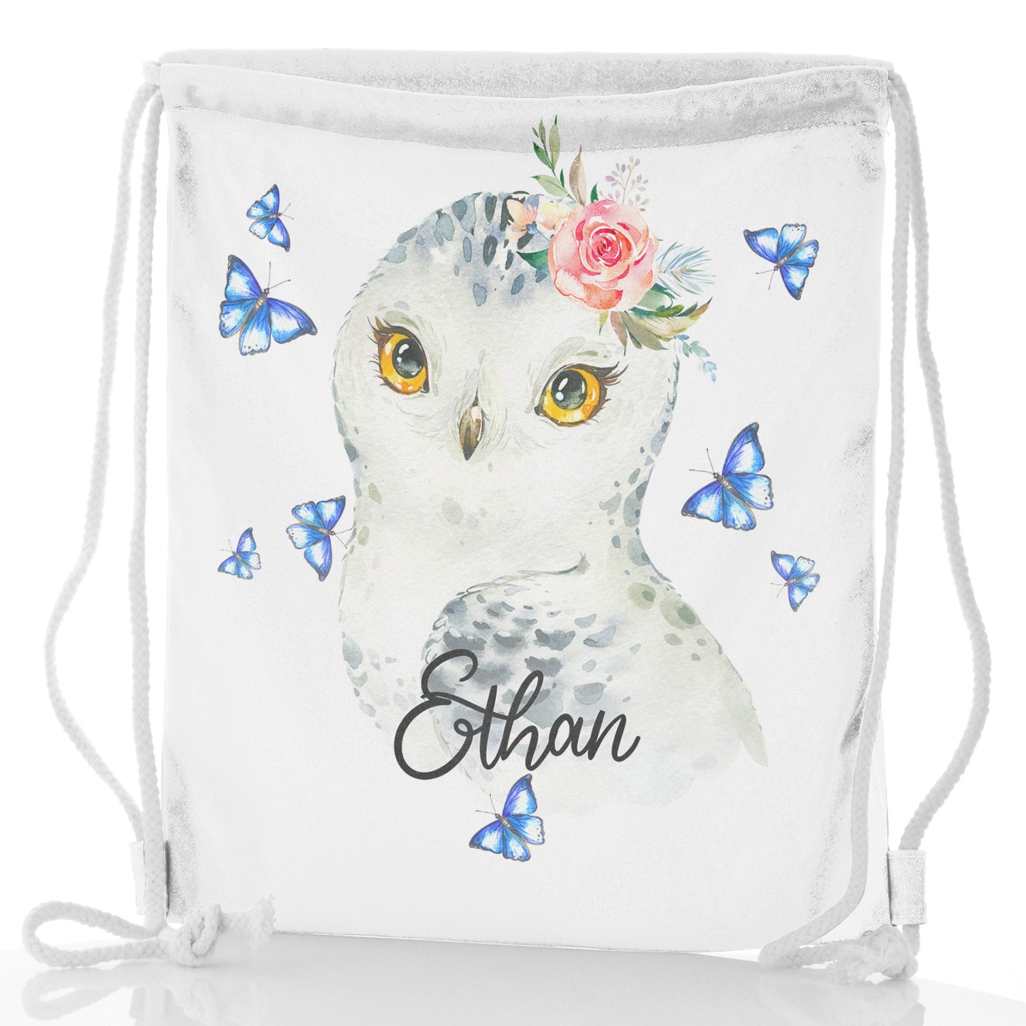Personalised Glitter Drawstring Backpack with Snow Owl Blue Butterfly and Cute Text