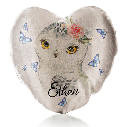 Personalised Glitter Heart Cushion with Snow Owl Blue Butterfly and Cute Text