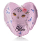 Personalised Glitter Heart Cushion with Snow Owl Blue Butterfly and Cute Text