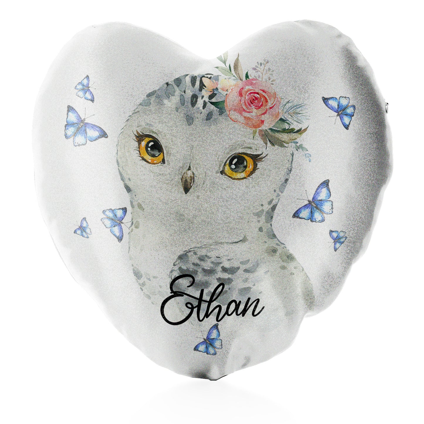 Personalised Glitter Heart Cushion with Snow Owl Blue Butterfly and Cute Text