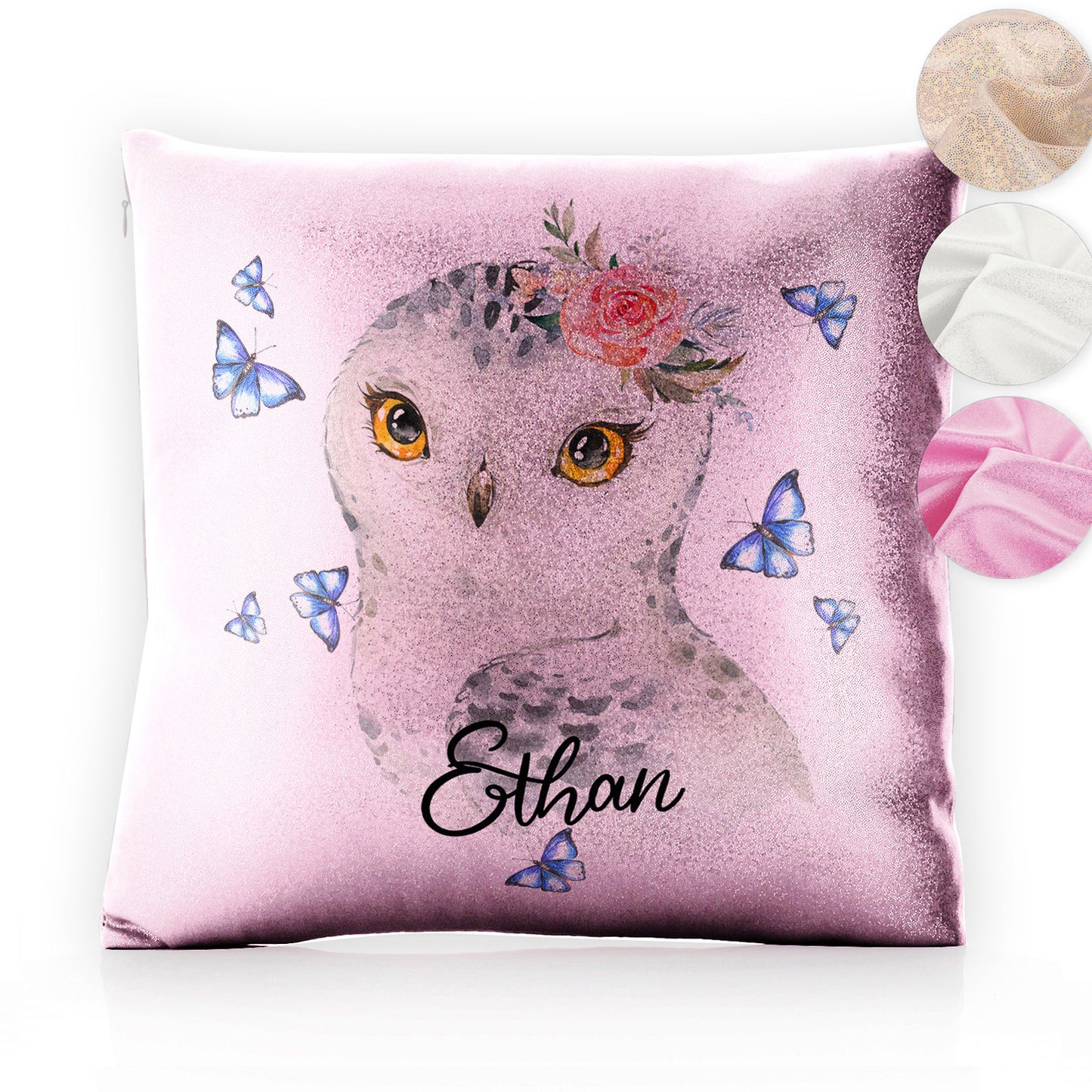 Personalised Glitter Cushion with Snow Owl Blue Butterfly and Cute Text