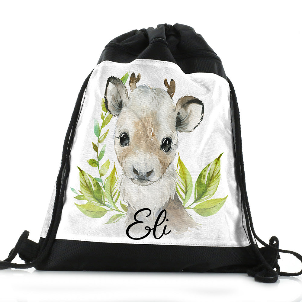 Personalised Reindeer Green Leaf and Name Black Drawstring Backpack